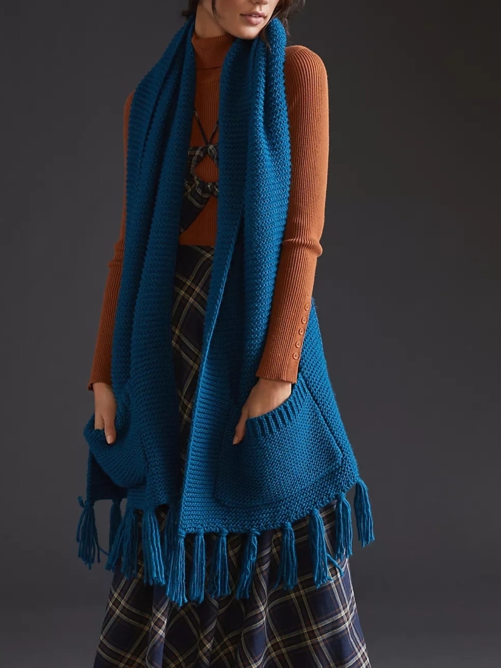 Pilcro Blue Chunky Knit Acrylic Fringe Rectangle Scarf Wrap w/ Pocket